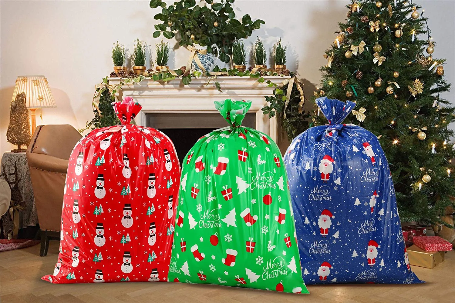 3 PCS Christmas Giant Gift Bags Santa Claus Christmas Sacks for Kids Gift Wrapping Bags(36"X44") with Name Tag Card and String