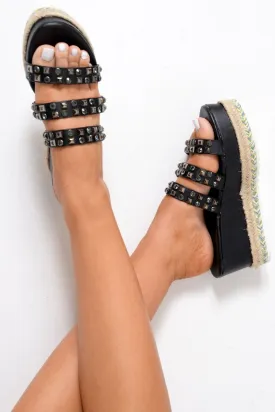 Black PU Embellished Flatform Slip On Sandals - Madina