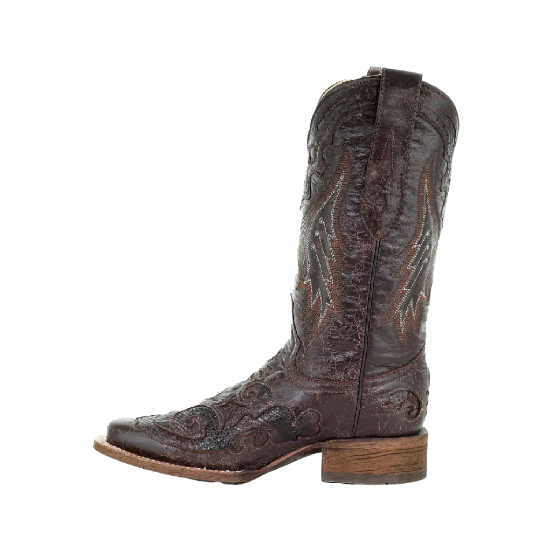 Corral Boots Women's Chocolate Snake Inlay Square Toe Boot