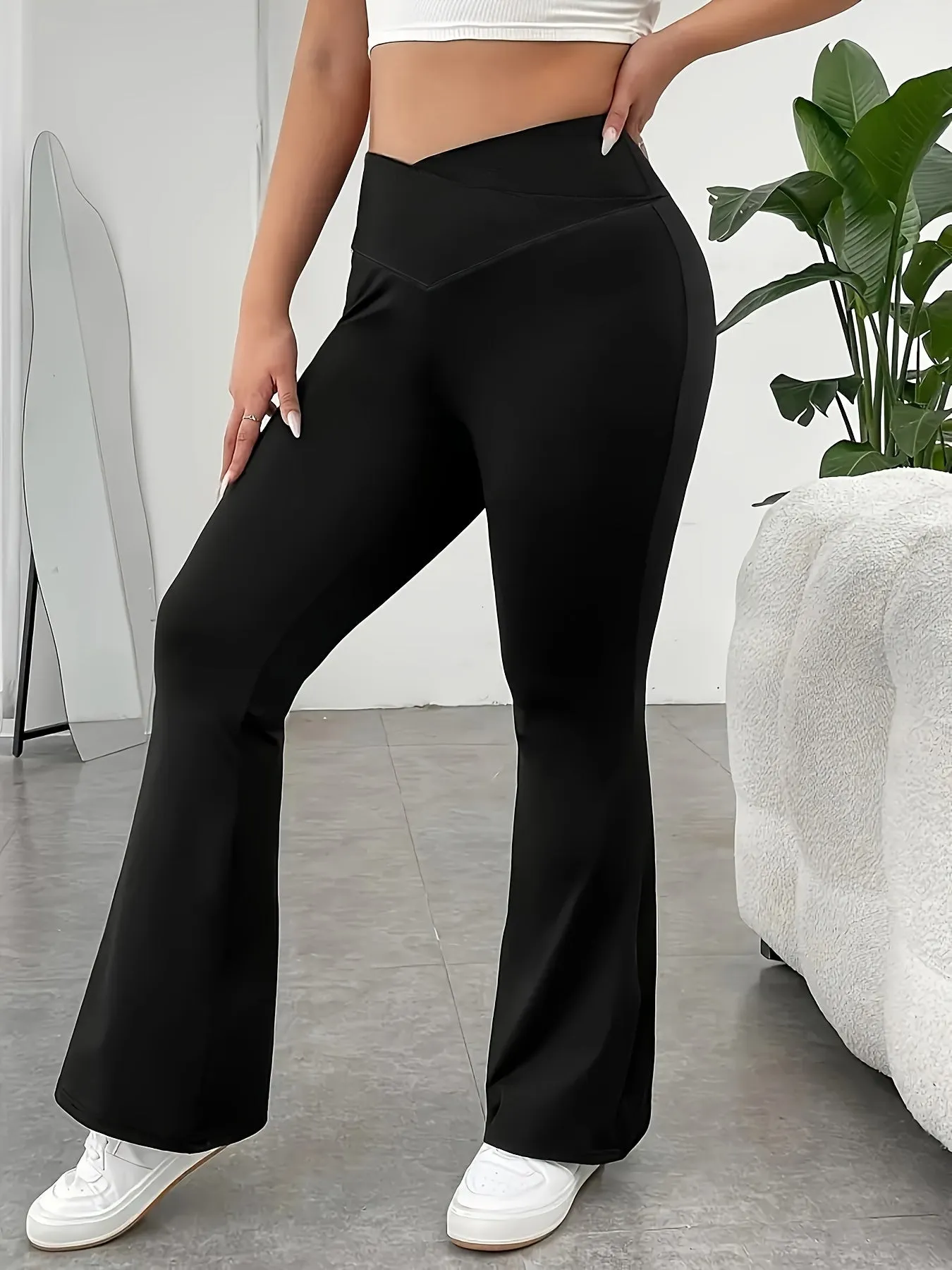 Curves in Motion Plus Size Plain Black Crossover High Waisted Yoga Flare Leg Pants for Comfortable Fitness