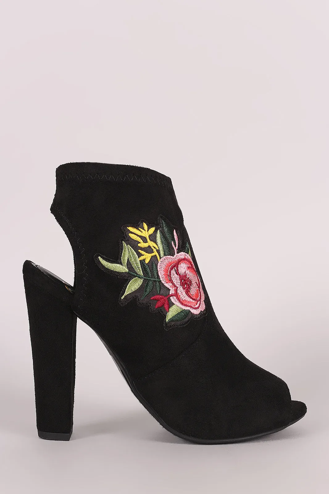 Delicious Suede Floral Patch Peep Toe Chunky Heeled Booties