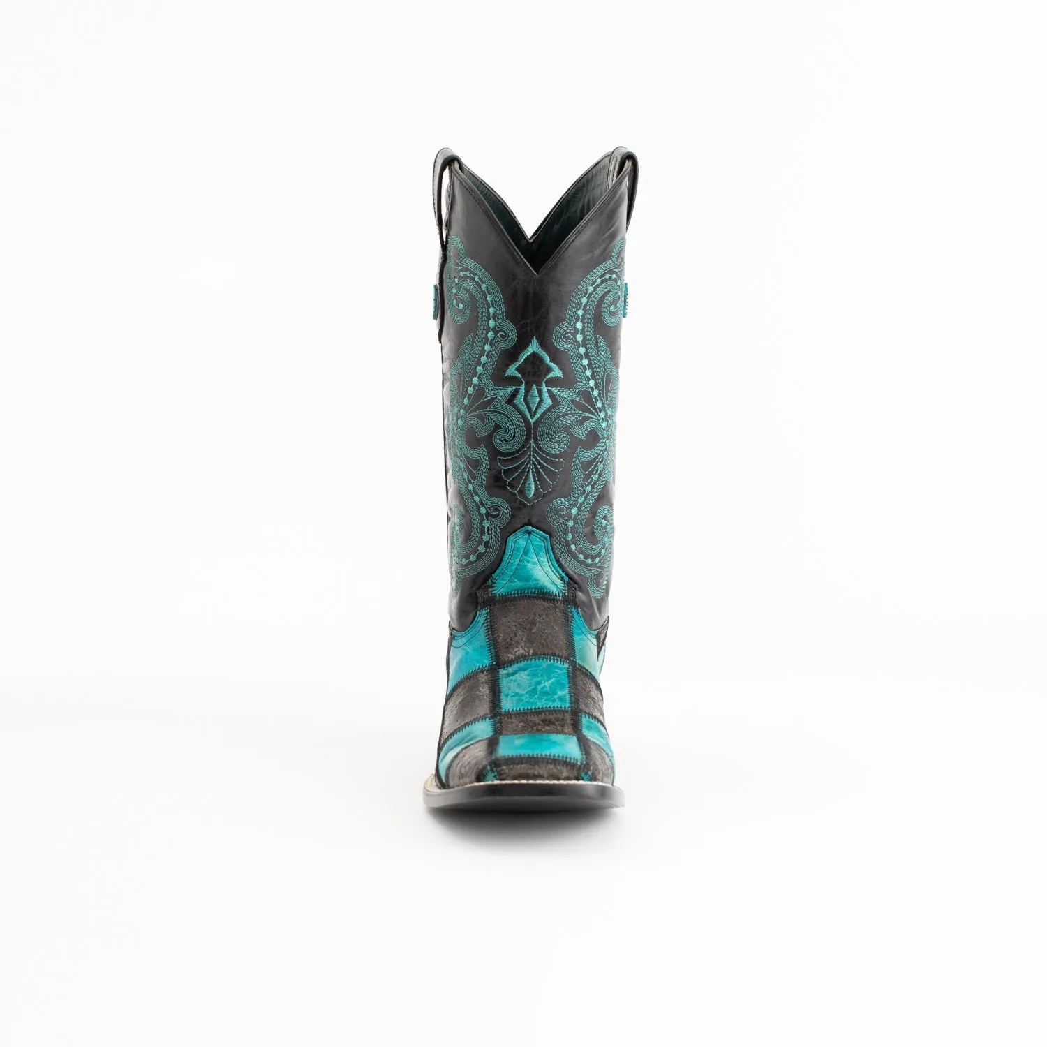 Ferrini Mens Black/Turquoise Leather Patchwork S-Toe Cowboy Boots