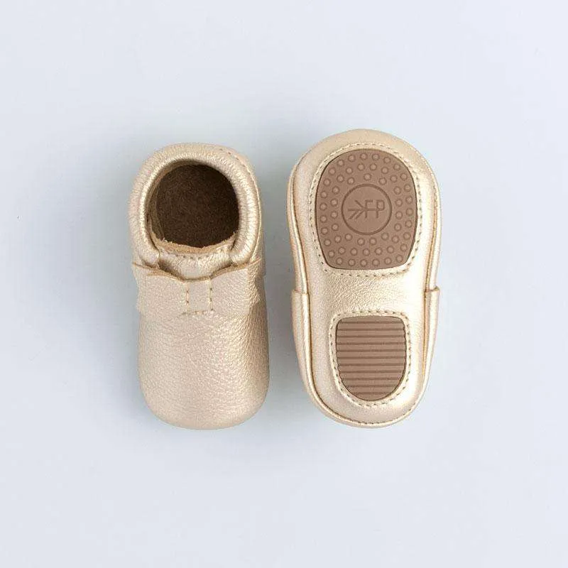 Freshly Picked | Bow Mini Sole Moccs ~ Platinum Gold Size 6