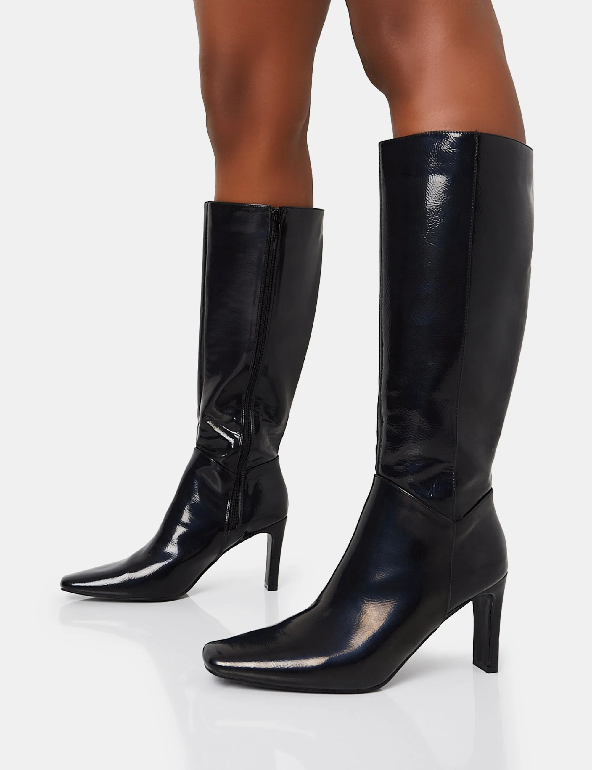 Pose Black Textured Pu Zip Up Knee High Slim Block Heeled Boots