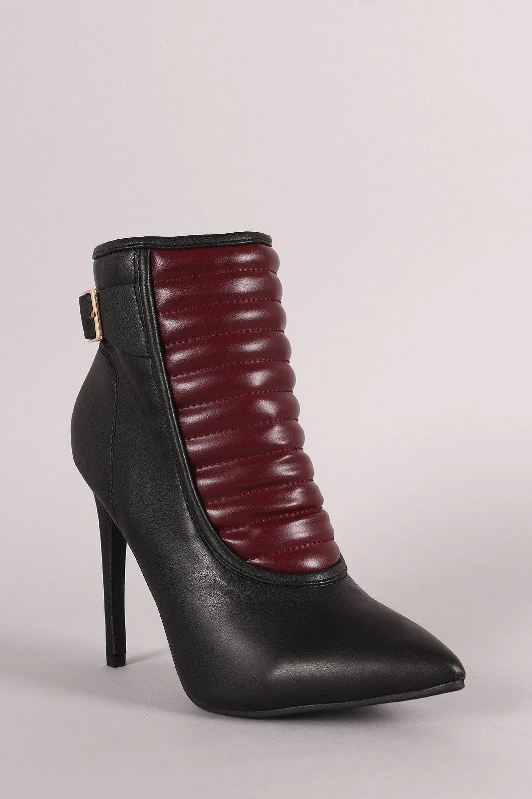 Quilted Buckled Pointy Toe Stiletto Booties