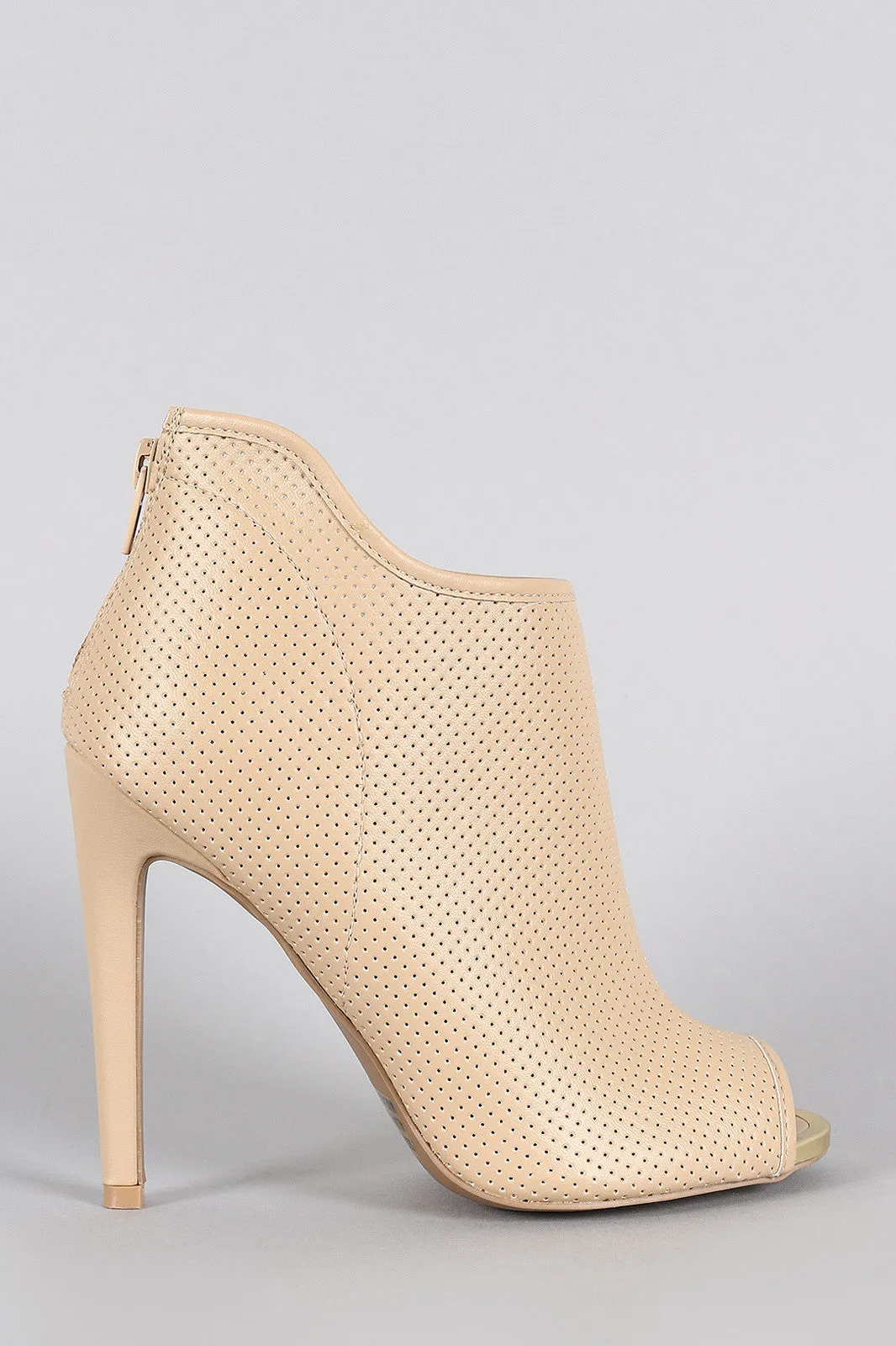 Qupid Asymetrical Collar Perforated Peep Toe Stiletto Booties