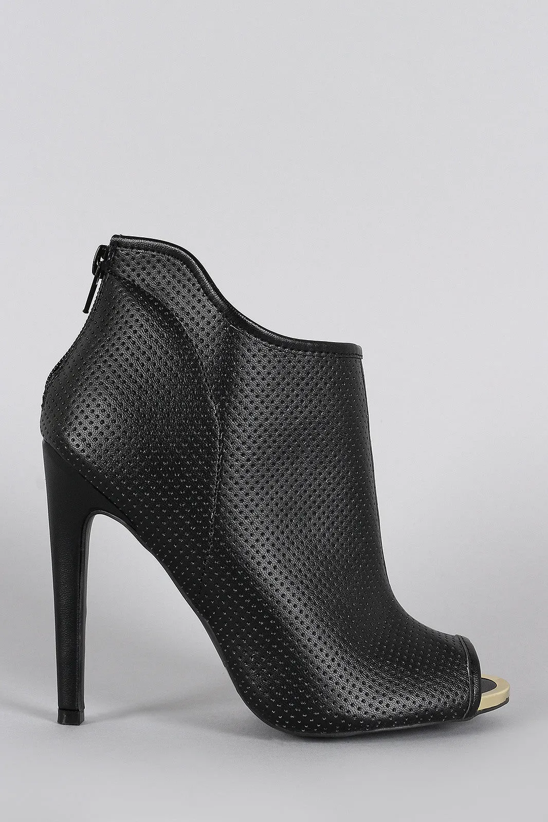 Qupid Asymetrical Collar Perforated Peep Toe Stiletto Booties