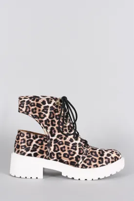 Qupid Leopard Round Toe Lace Up Cutout Booties