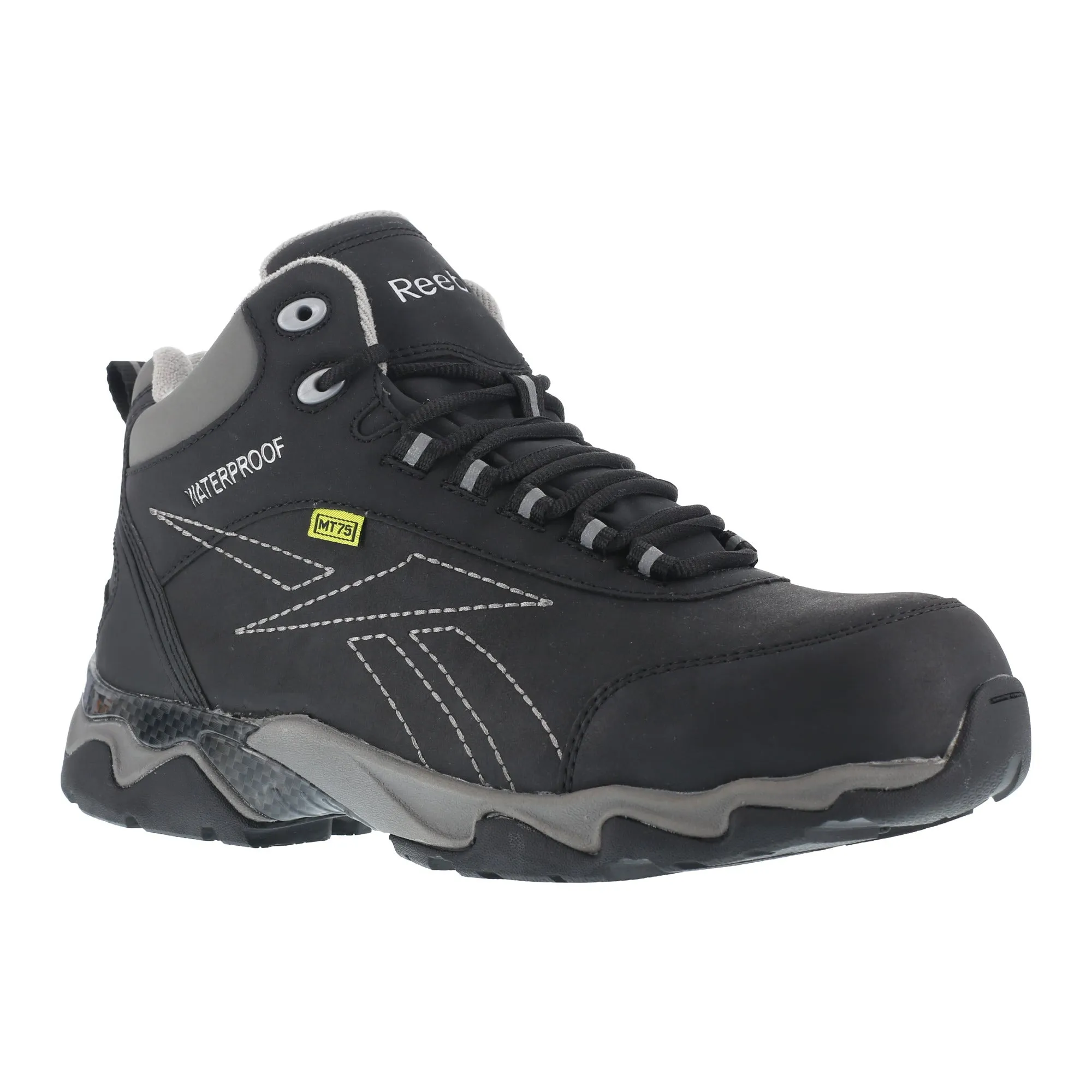 Reebok Mens Black Leather Work Boots Beamer Hiker WP Met Guard