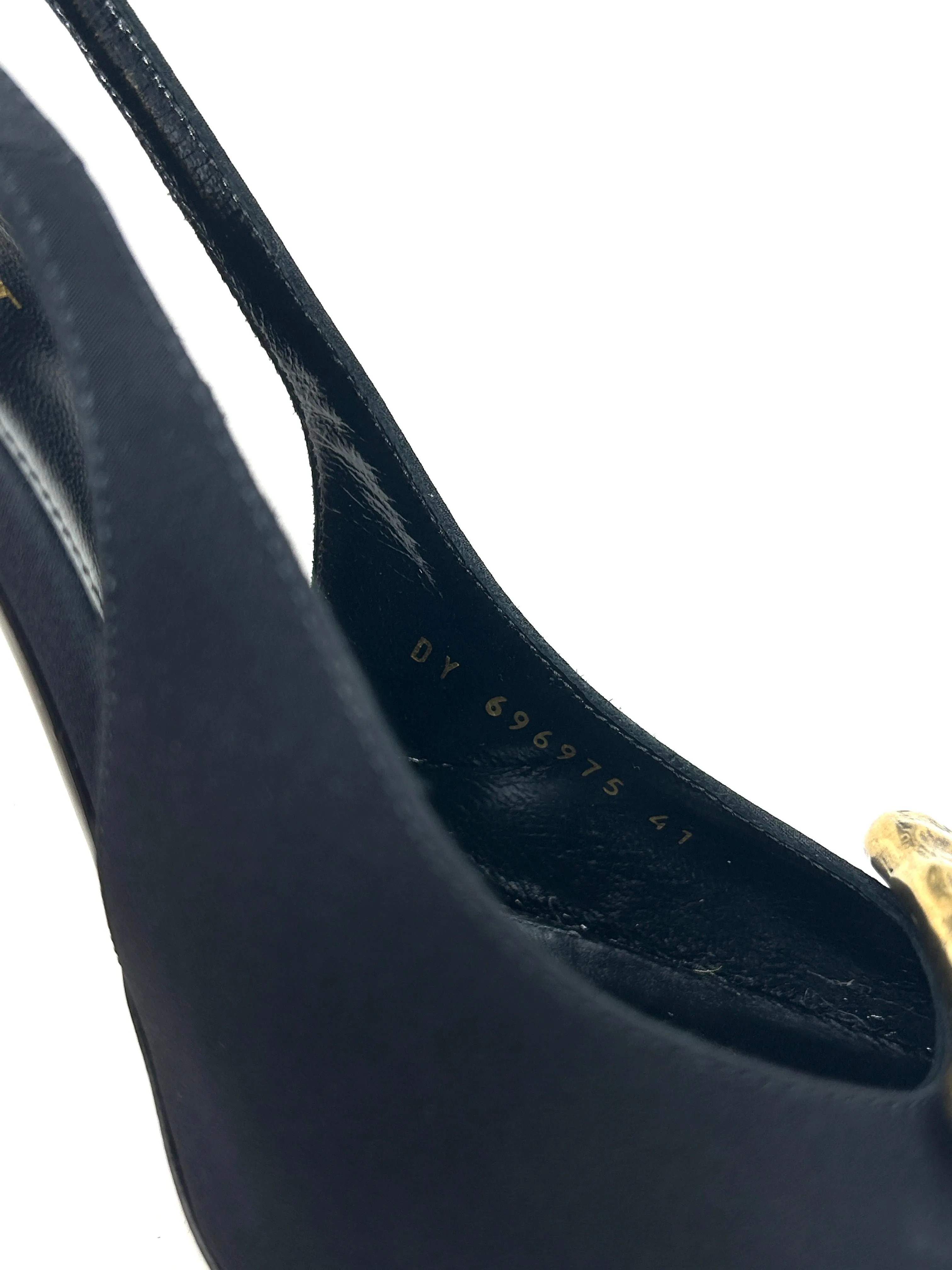 Saint Laurent Maxine 115 Black Fabric Gold Ornament Slingback Pump Heels 41 UK 8