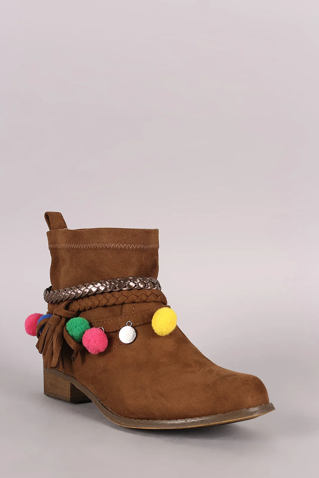 Suede Braided Straps Pom Pom Charms Booties