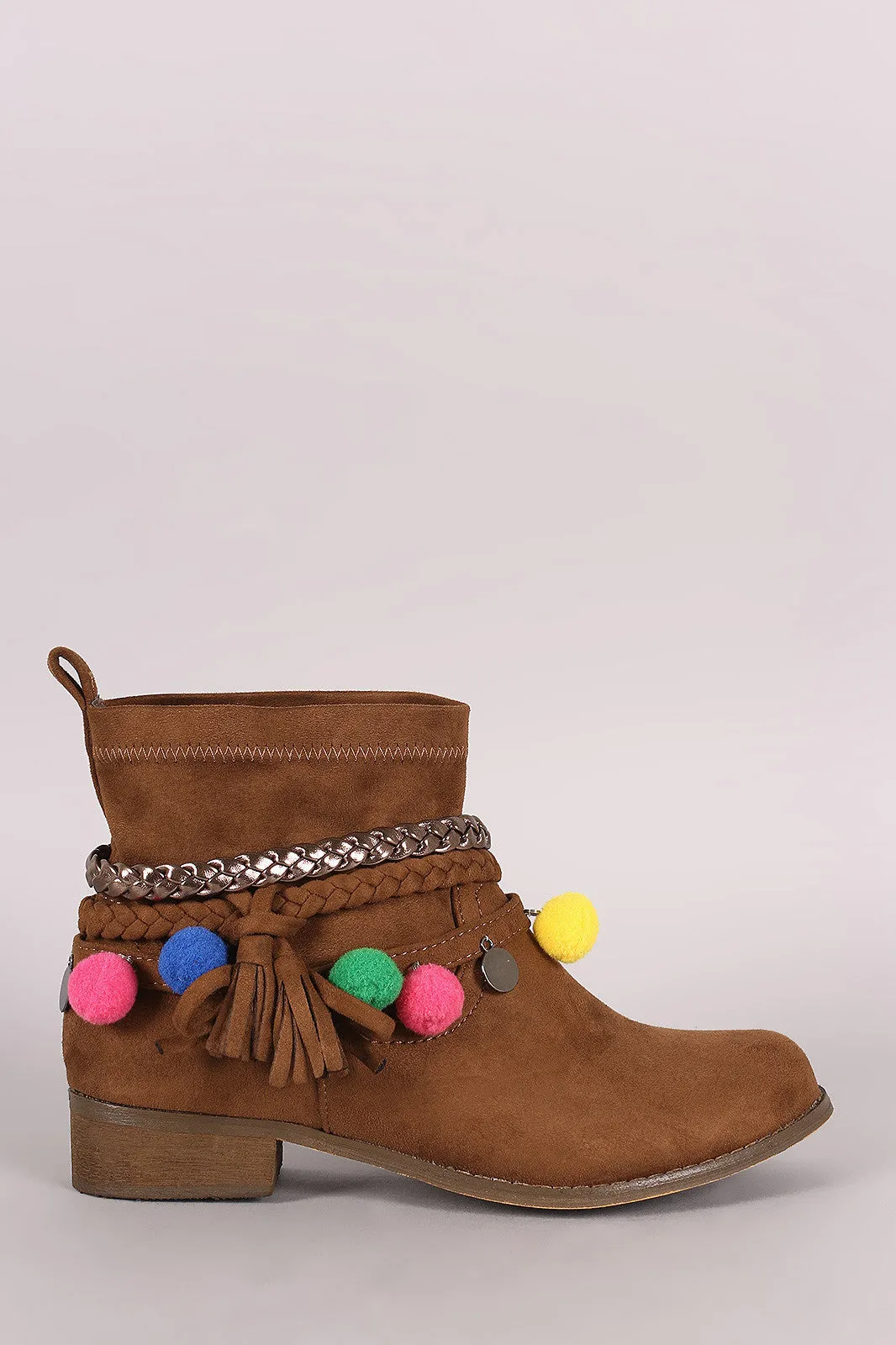 Suede Braided Straps Pom Pom Charms Booties