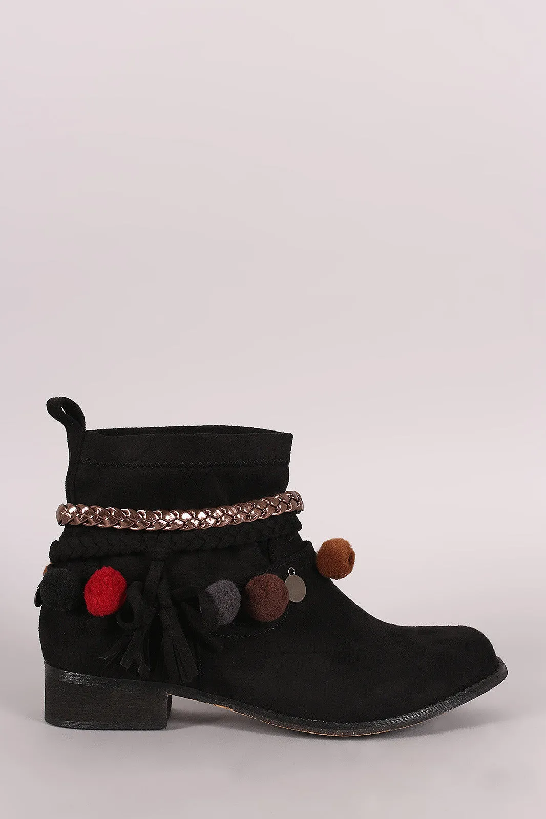 Suede Braided Straps Pom Pom Charms Booties