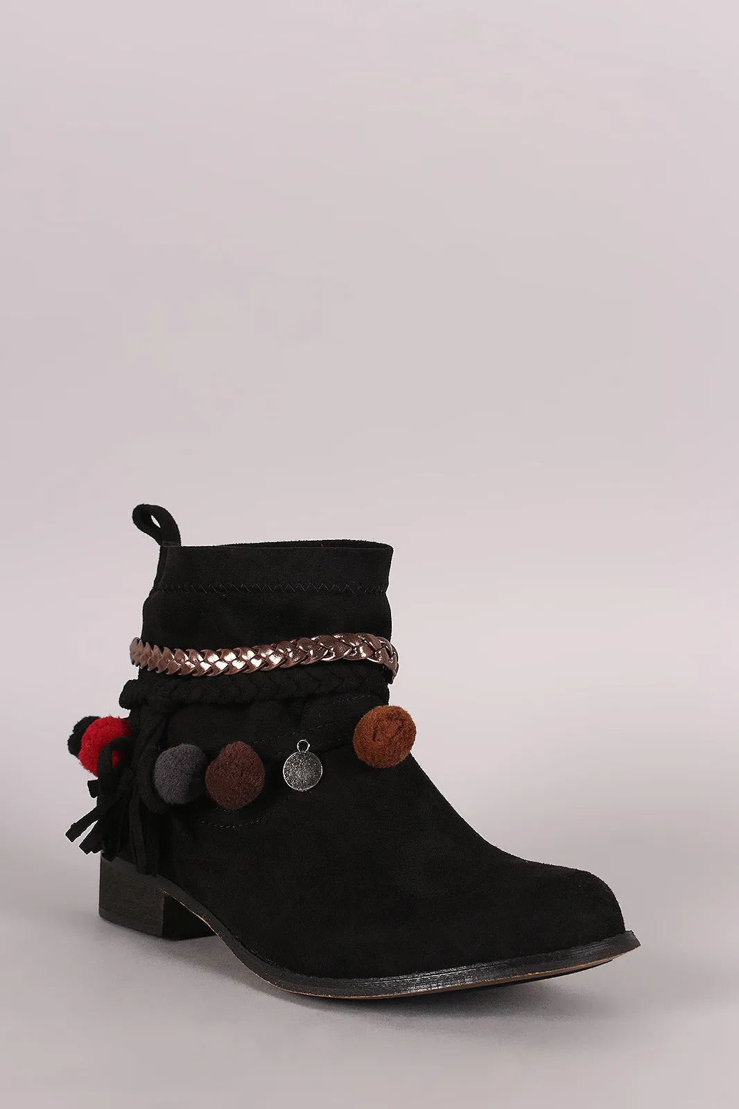 Suede Braided Straps Pom Pom Charms Booties