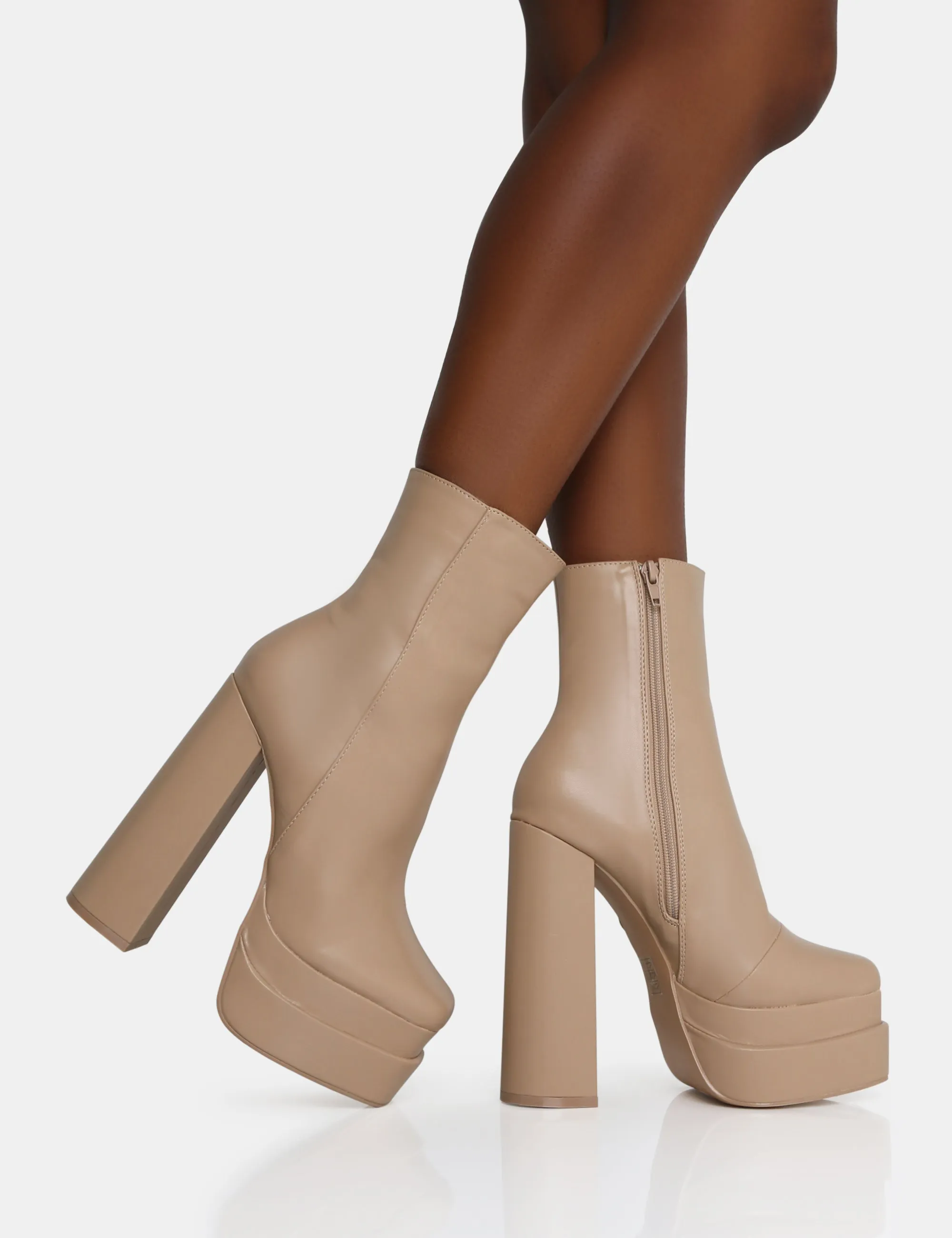 Supine Nude PU Chunky Heeled Platform Ankle Boots