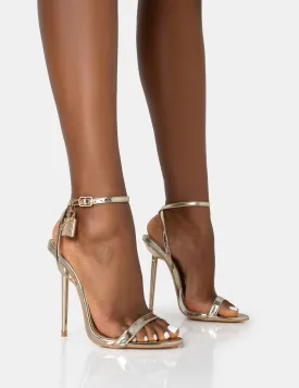 Ti Amo Gold Metallic PU Padlock Detail Barely There Pointed Toe Stilettos Heels