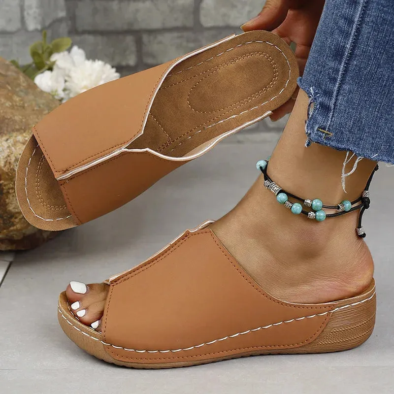 Trendy Slip On Wedge Leather Sandals