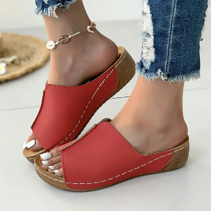 Trendy Slip On Wedge Leather Sandals