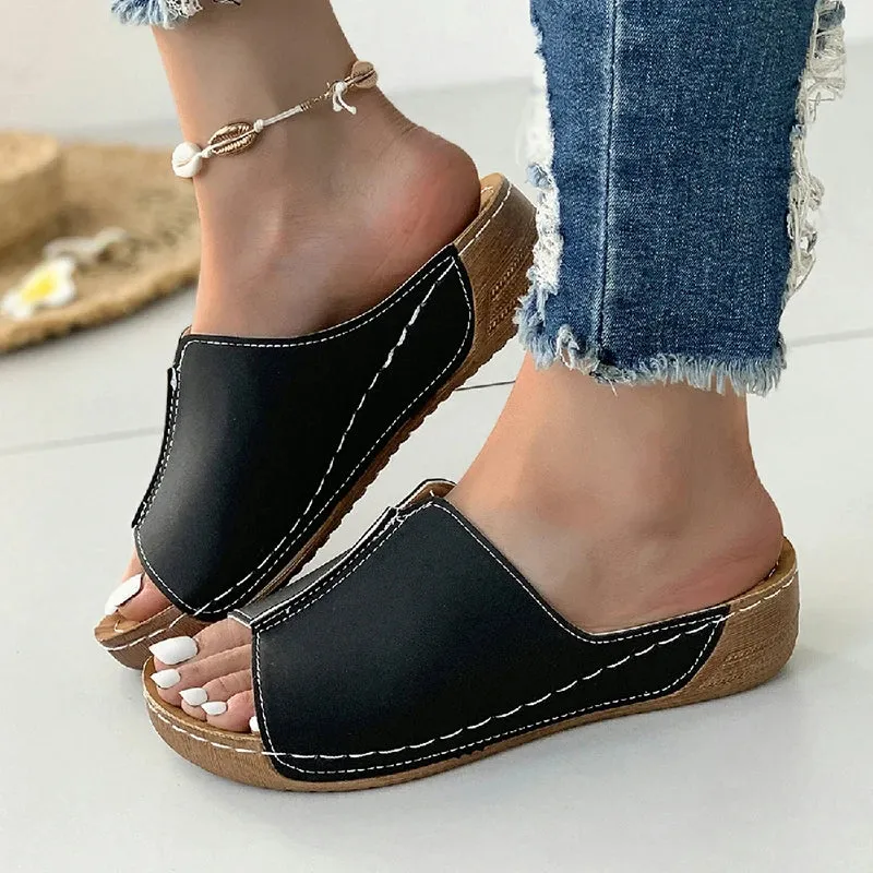 Trendy Slip On Wedge Leather Sandals