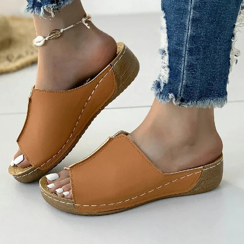 Trendy Slip On Wedge Leather Sandals