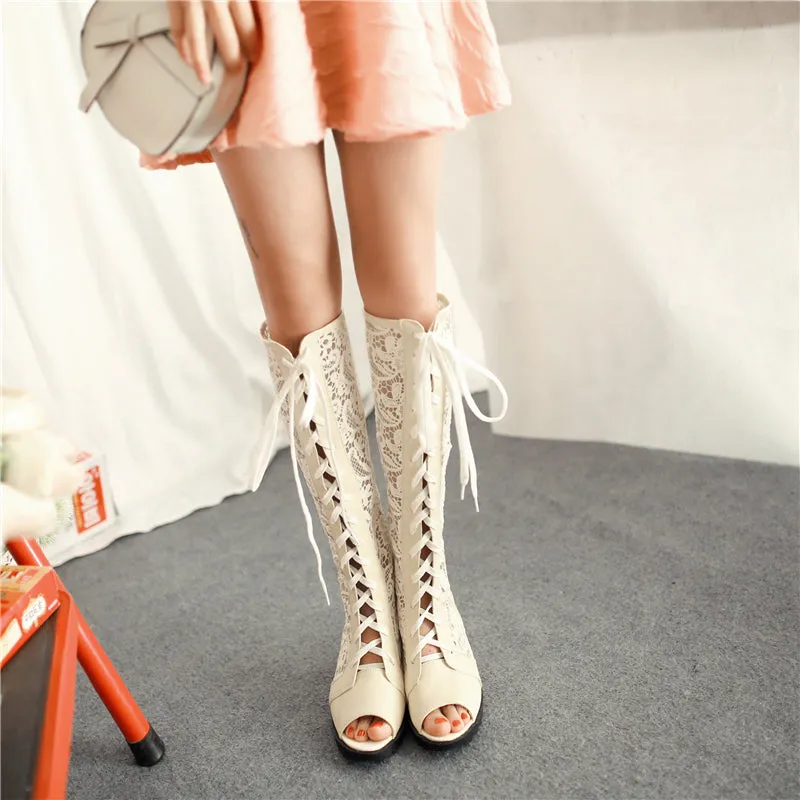 Wedge Heels Lace Upper Knee High Boots